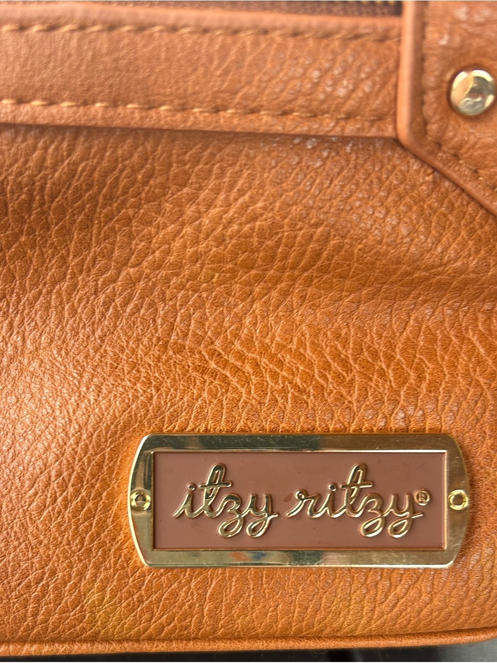 Itzy Ritzy Tan Brown Leather Tote with Gold Plaque stroller caddy